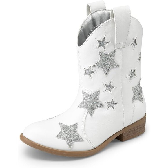 Girls White Cowgirl Mid Calf Glitter Western Boots Toddler Star Riding Shoes - Picture 1 of 6